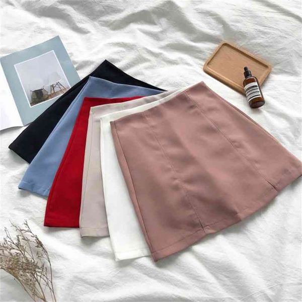 

women solid color skirt lady korean chic simple split package hip high waist slim a-line casual 210527, Black