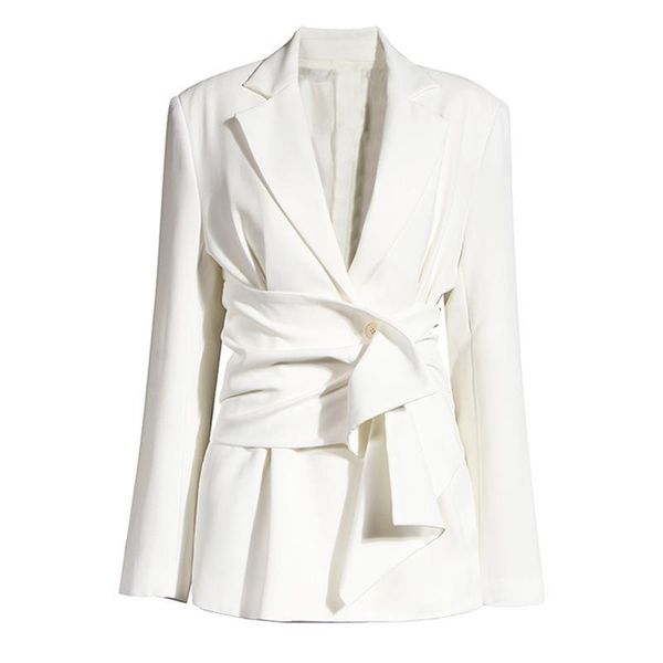 

women fashion spring autumn white knit split joint irregular blazer lapel long sleeve loose fit jacket 2021 women's suits & blazers, White;black