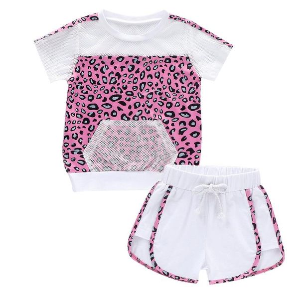 

clothing sets summer girls set 2pcs tracksuit children leopard print suit kids cartoon outfits short sleeve baby clothes, White