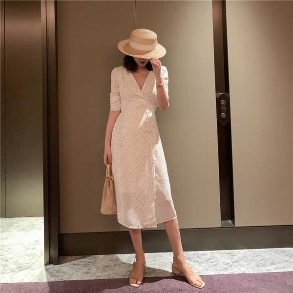 Abito estivo donna elegante boho floreale avvolgente mezza manica chiffon spiaggia coreano vintage scollo a V party midi 210608