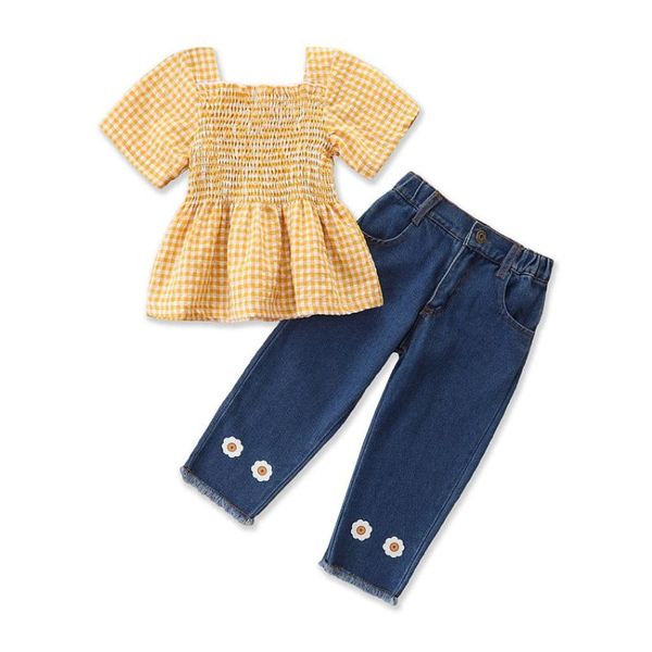 

clothing sets summer girl set cotton plaid skirt shirt + jeans long pants trouses suits for kids clothes, White