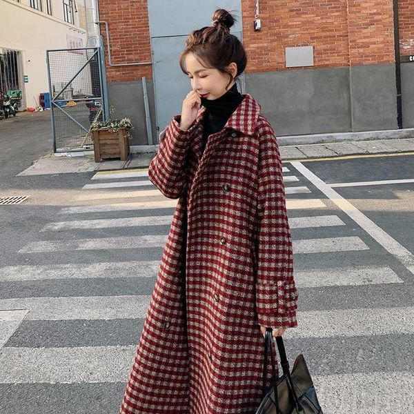 

women's wool & blends plaid woolen jacket women 2021 winter korean loose waist warm coat with belt casual female long windbreaker outwe, Black