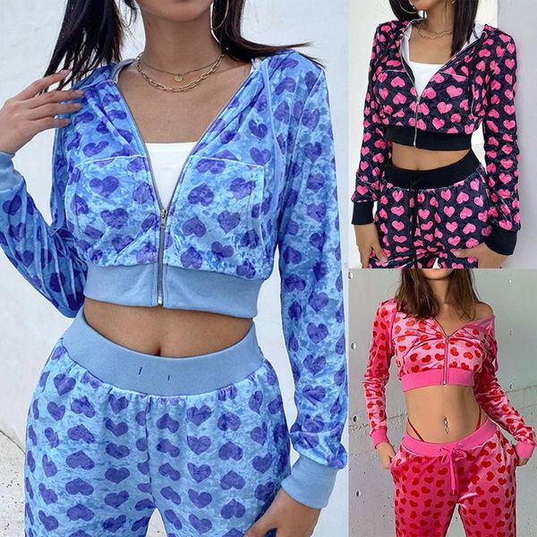 

women's hoodies & sweatshirts vintage fashion heart printed zipper up cropped sweatshirt 2021 autumn winter jacket basic 2 piece, Black