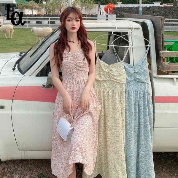 

summer elegant floral print strap dress women korean style princess pretty midi sweet holiday party 210519, Black;gray