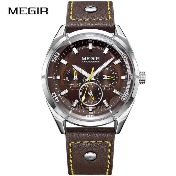 

wristwatches megir brand quartz watch men relogio masculino leather business original casual wrist watches 24 hour male clock erkek kol saat, Slivery;brown