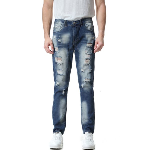 

men's jeans casual mens designer washed hole mill white skinny slim fit large size summer fashion urban wind pants jkd4, Blue