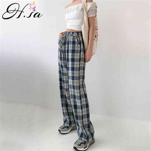 

wide leg pants women long floor trousers elestic tie waist plaid loose trouser retro streetwear straight 210430, Black;white