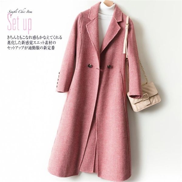 

anti season clearance korean slim plaid medium length double faced pure wool coat women's woolen waistband, Black
