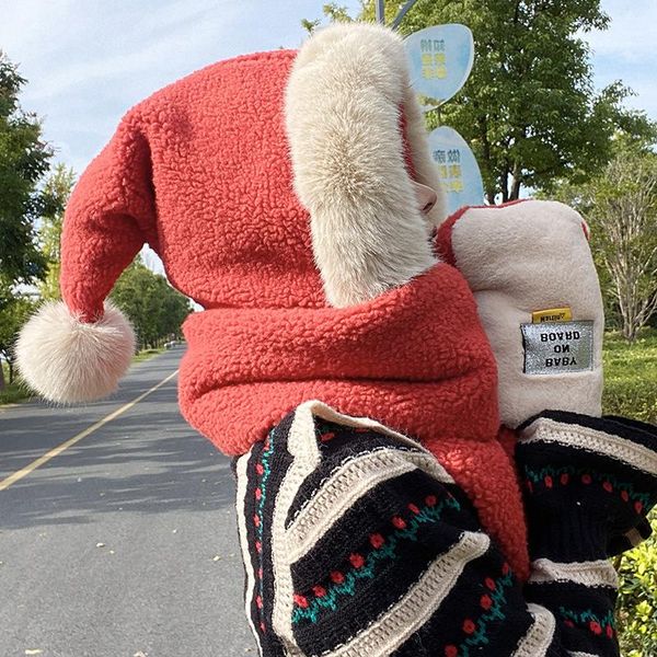 

hats, scarves & gloves sets winter lamb cashmere witch hat scarf one-piece cap for cycling thickened cold-proof and warm three-piece set, Blue;gray