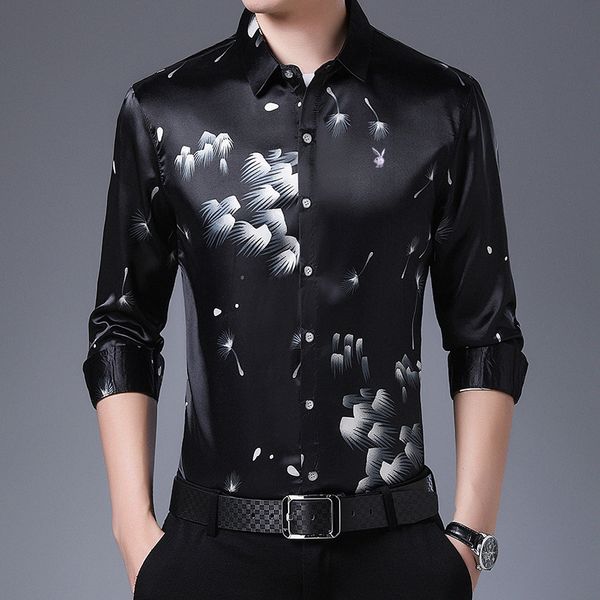

shirt long sleeve and young men's loose printed shirt middle-aged dad's imitation silk et fashion, Black