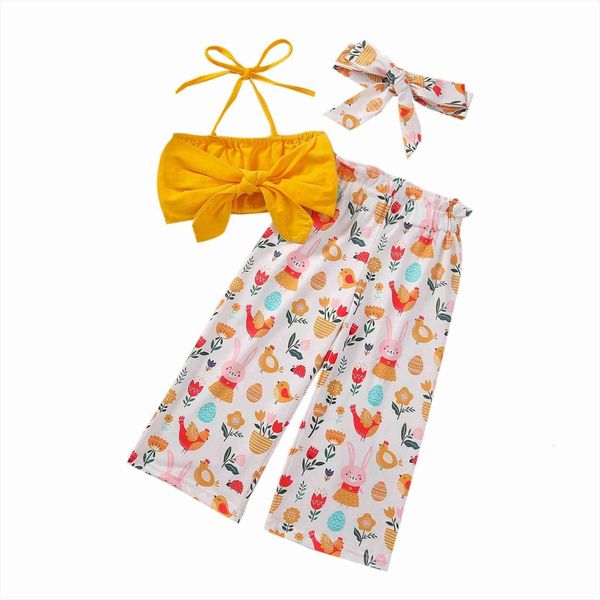 

0 6y toddler baby girl summer clothing strap bowknot crop cartoon loose pants hairband 3pcs set, White