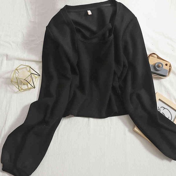 

casual shirt woman autumn korean ins simple versatile square neck long sleeve solid short pullover bottom top, White