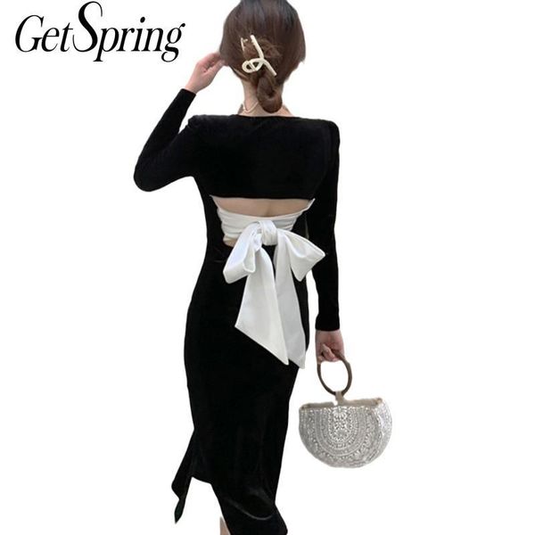 

getspring women dress bow bandage color matching vintage velour dresses hollow out long black 2021 casual, Black;gray