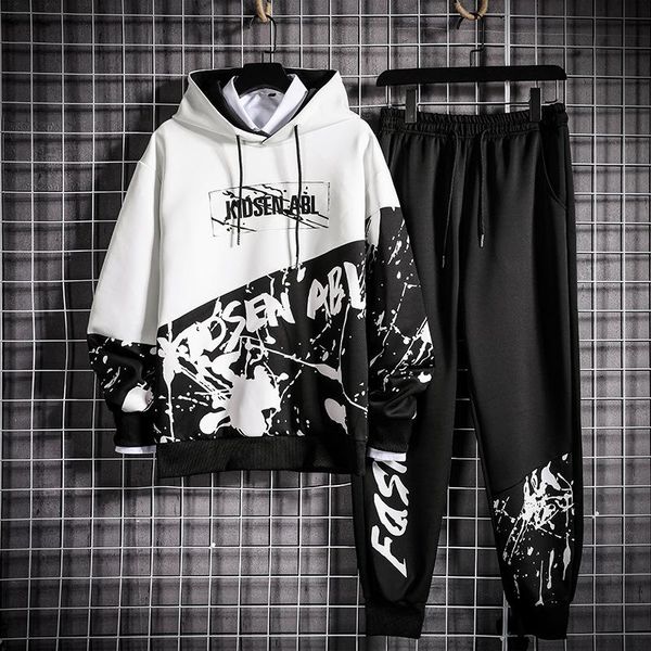

men 's 2021 spring personality stitching street fashion brand clothing casual hooded sweater sports suit student men's tracksuits, Gray