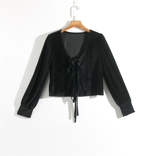 

fall t-shirt women casual solid color bow decoration velvet v-neck long-sleeved 210430, White