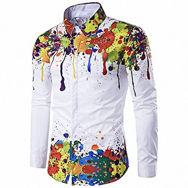 

men's colorful splatter paint pattern turndown collar casual long sleeve shirt purple k8hn#, White;black