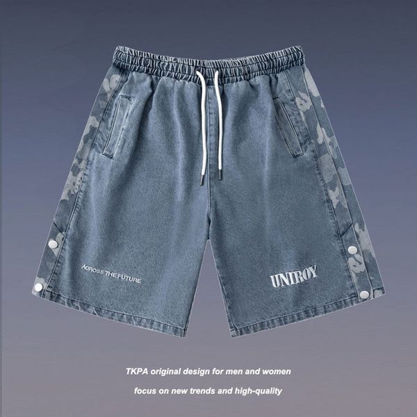 

tkpa hip hop trend loose breasted jeans shorts for men and women, Black