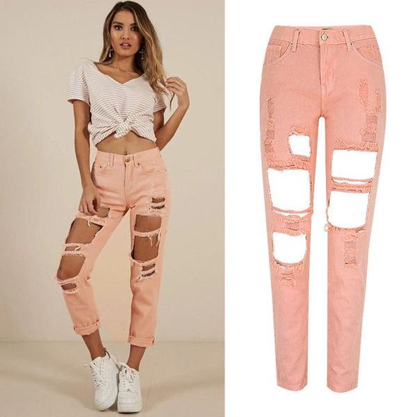 

fashion streetwear women's jeans ripped denim cotton pink broke hole high waist pants ankle length trousers loose tps6683, Blue