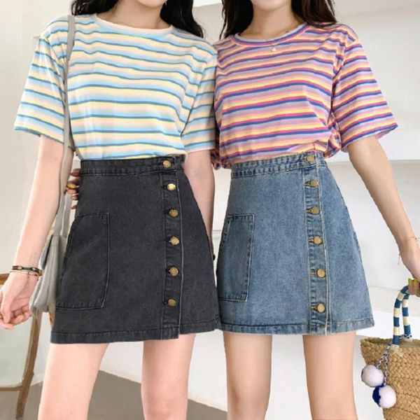 

skirts fashion women high waist side button up a line pockets jean denim mini skirt, Black