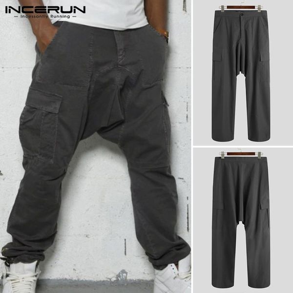 

vintage multi pockets joggers incerun men pants solid color cargo trousers hombre drop crotch zipper pantalones streetwear s-5xl men's, Black