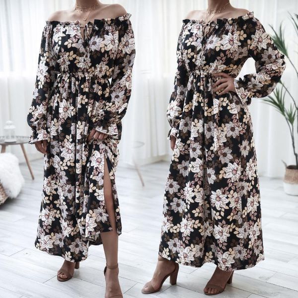 

casual dresses women autumn dress lady style vintage floral printed chiffon long sleeve midi vestido off-the-shoulder holiday, Black;gray