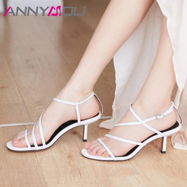 

natural genuine leather thin high heel sandals buckle round toe shoes summer ladies white large size 40, Black
