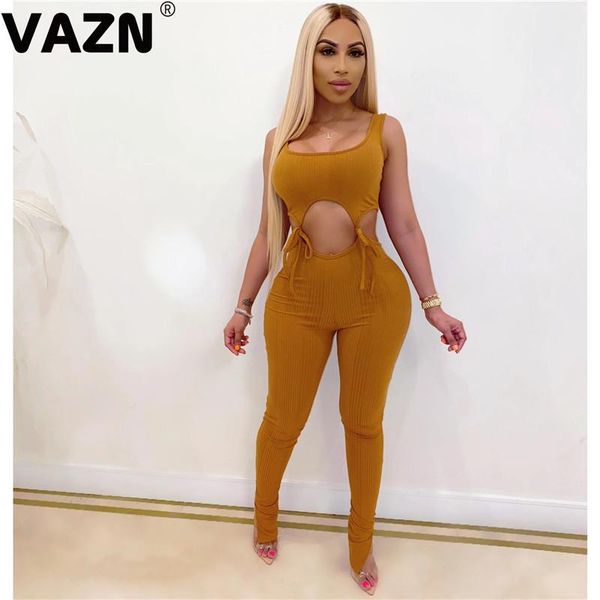 

women's jumpsuits & rompers vazn 2021 women girl summer sleeveless v-neck bandage pencil pants casual solid romper jumpsuit, Black;white
