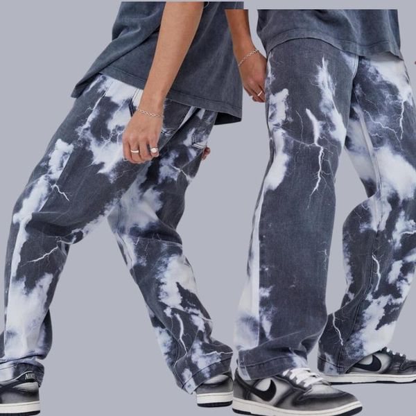

men's jeans men statue printed harajuku fashion brand street casual loose khaki washing motorcycle pants, Blue