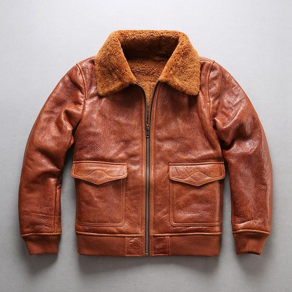 

brand large size genuine sheep leather jacket men's super quality warm shearling coats bomber military fur g1 2021 & faux, Black