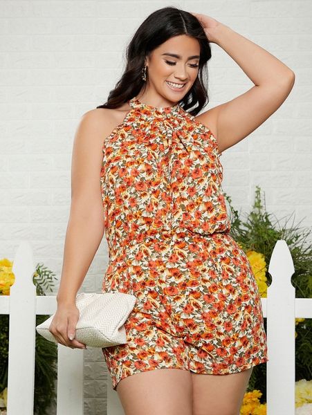 

plus allover floral print split back halter romper e55j#, Black