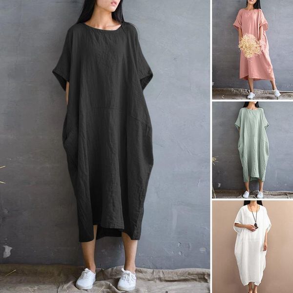 

women's sundress 2021 zanzea kaftan baggy summer dress casual solid maxi vestidos female o neck short sleeve robe plus size 5xl dresses, Black;gray