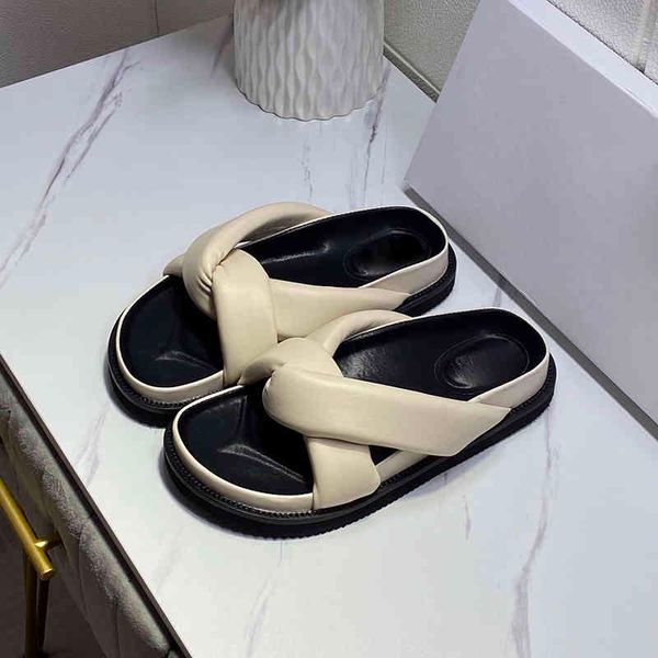 

luxury brand comfortable soft leather woman slipper open toe muffine shoes concise platform cross weave bread flat sandals 60% off store onl, Black
