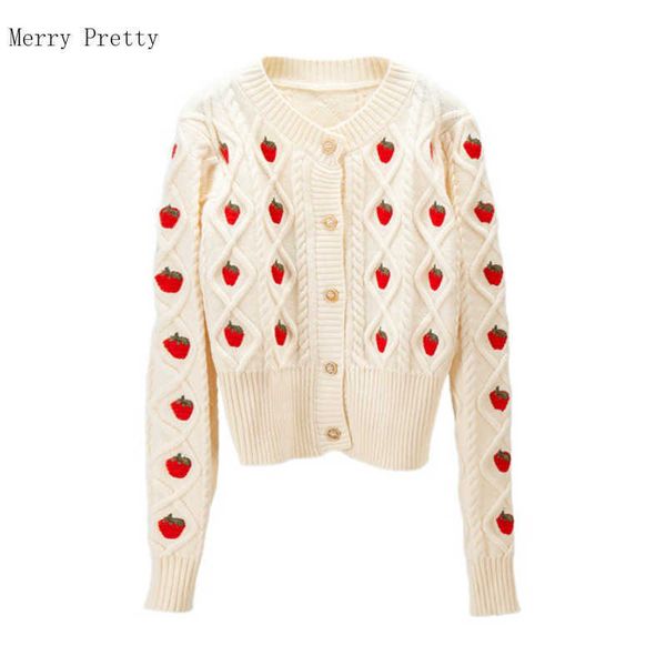 

strawberry embroidery knitted casual women cardigans spring vintage full sleeve o-neck sweaters korean jumpers 210526, White