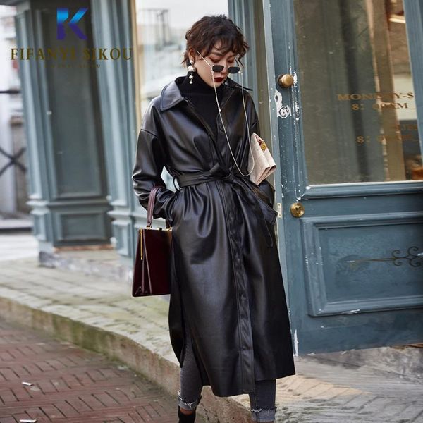 

women's leather & faux 2021 autumn jacket women clothes fashion loose long trench coat female streetwear windbreaker, Black