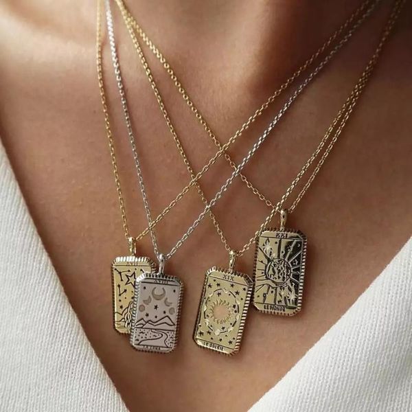 

pendant necklaces square amulet tarot cards vintage necklace women's jewelry gift gold plated collar for female chain zodiac moon sun l, Silver