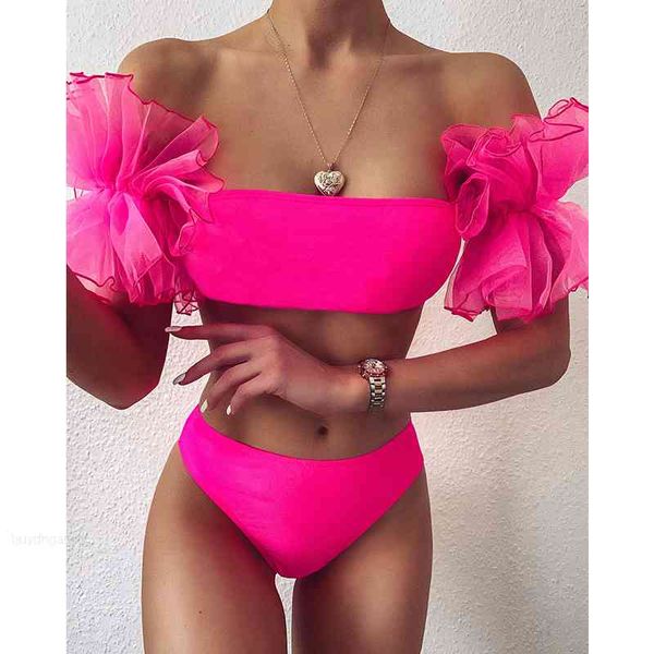 

strapless in-x mesh ruffle swimsuit female swimwear bandeau 2021 women high waist bikini set black pink bathing suit, White;black