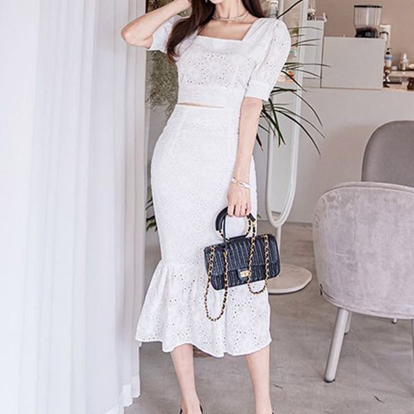 

summer vintage lace square neck blouse crop + high waist pencil bodycon skirt women 2 piece suit ol work wear set 210525, White