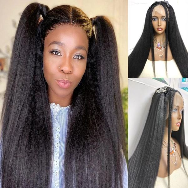 

afro kinky straight lace front wigs synthetic high temperature fiber hair yaki long length for women, Black