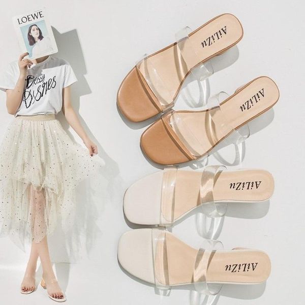 

summer high heels women shoes fashion transparent hollow breathable slippers square toe female clear slides, Black