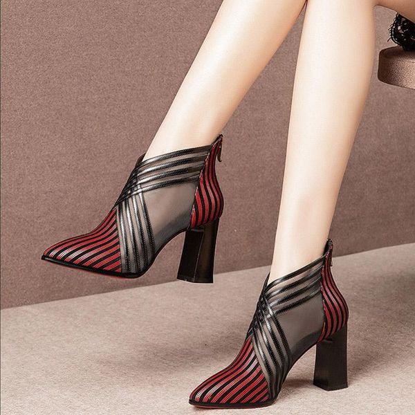 

boots woman stripe ankle summer women high heels women's mesh casual pointed toe boot ladies fashion female shoes, Black