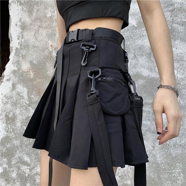 

gothic punk high waist vintage casual fashion women pocket summer hip hop harajuku a-line cargo plain pleated skirt skirts, Black