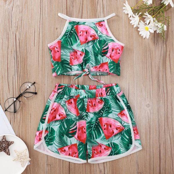 

clothing sets summer baby girl clothes set fashion 3-7 years toddler kids girls watermelon print vest floral short pants outfits, White