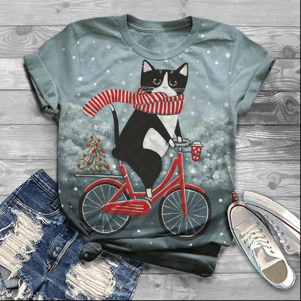 

women cat printed casual cotton t shirt cute short sleeve summer tee o neck cartoon scarf printing, White