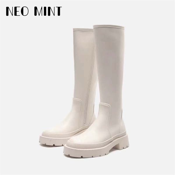 

autumn women knee high boots khaki green laminated flat platform round toe chunky heel long 211104, Black