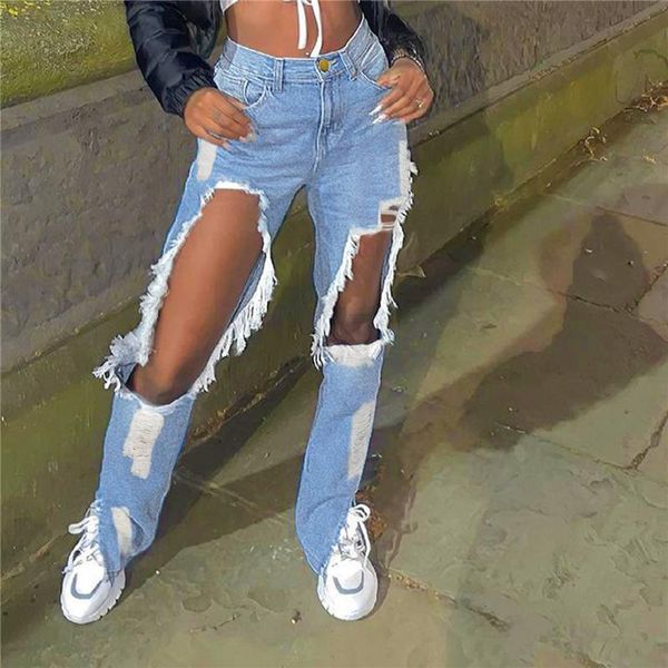 

women's jeans light blue big hole women high waist straight streetwear denim trousers lady solid color ripped pants female trouser