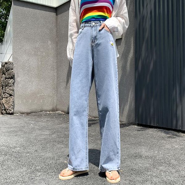 

women's jeans woman fashion daisy high waist korean women trouser all-match harajuku denim full length straight pants loose clothes 202, Blue