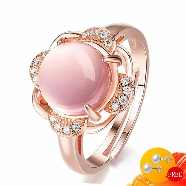 

cluster rings fashion women 925 silver jewelry with rose quartz zircon gemstones open finger ring for wedding engagement party gifts, Golden;silver