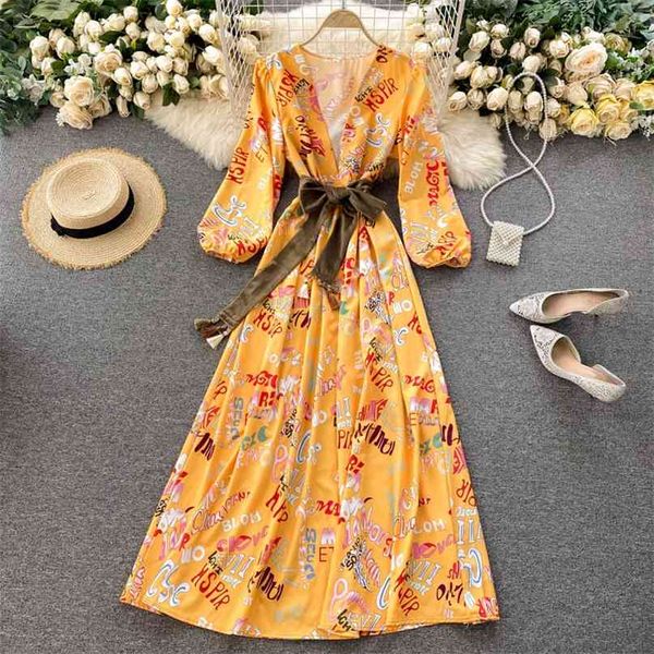 

ins letter printed a-line dress women deep v-neck lace-up high waist long sleeve clothes vestido midi elegante p834 210527, Black;gray