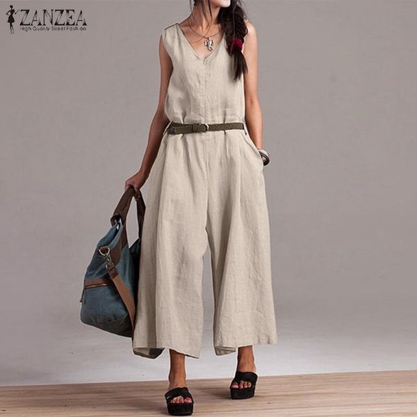 

women's jumpsuits & rompers women casual sleeveless jumpsuit 2021 summer zanzea vintage wide leg long ladies loose overalls ol work pla, Black;white
