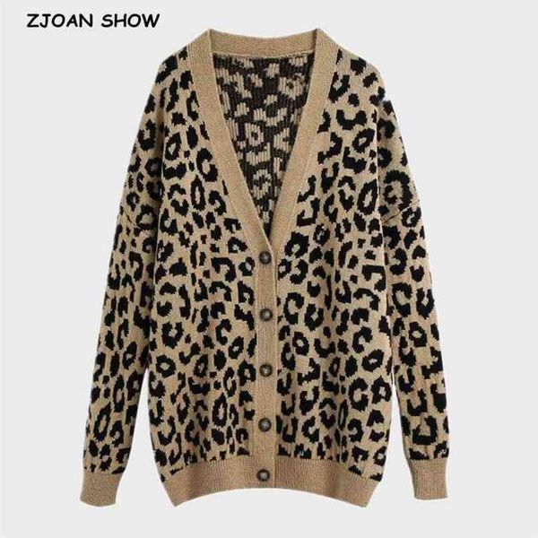 Spring Knitting Animal Leopardo Cardigan Cardigan Sweater Sweater Retro Mulher V Neck Manga Longa Jumper Solta Knitwear 210429